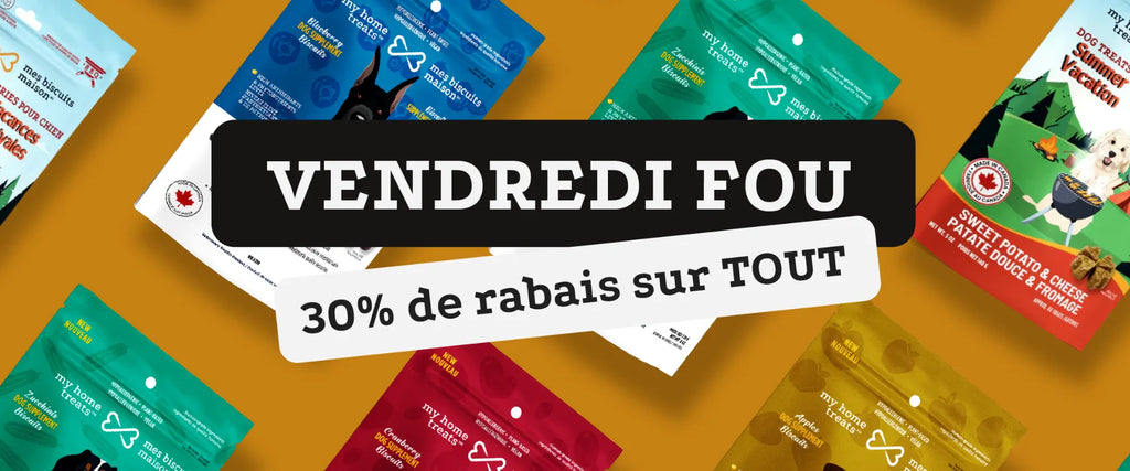 Bannière du solde Black Friday de Mes Biscuits Maison pour gâteries et suppléments naturels pour chiens.