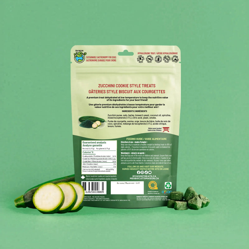Gâterie biscuit à la courgette et spiruline pour chien — légère et naturelle - Verso - Mes Biscuits Maison