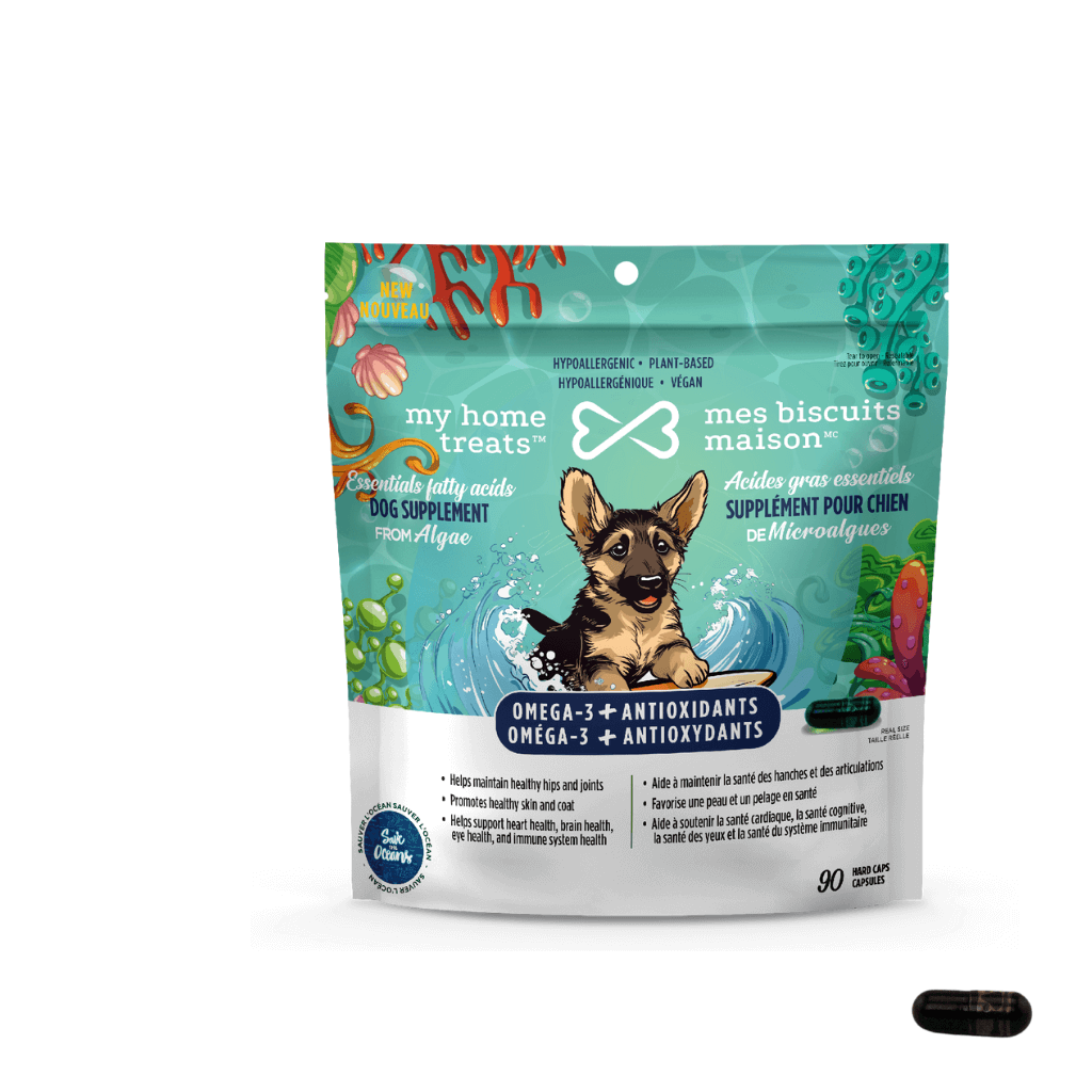 Detailed packaging of omega-3 hypoallergenic dog supplement made from microalgae, promoting eco-friendly and plant-based health benefits for dogs.