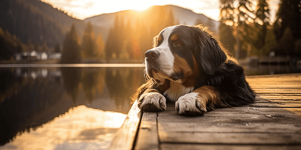 A Bernese mountain dog sitting calmly by a lake at sunset, representing the benefits of hypoallergenic dog treats & supplements for dental and breath health.