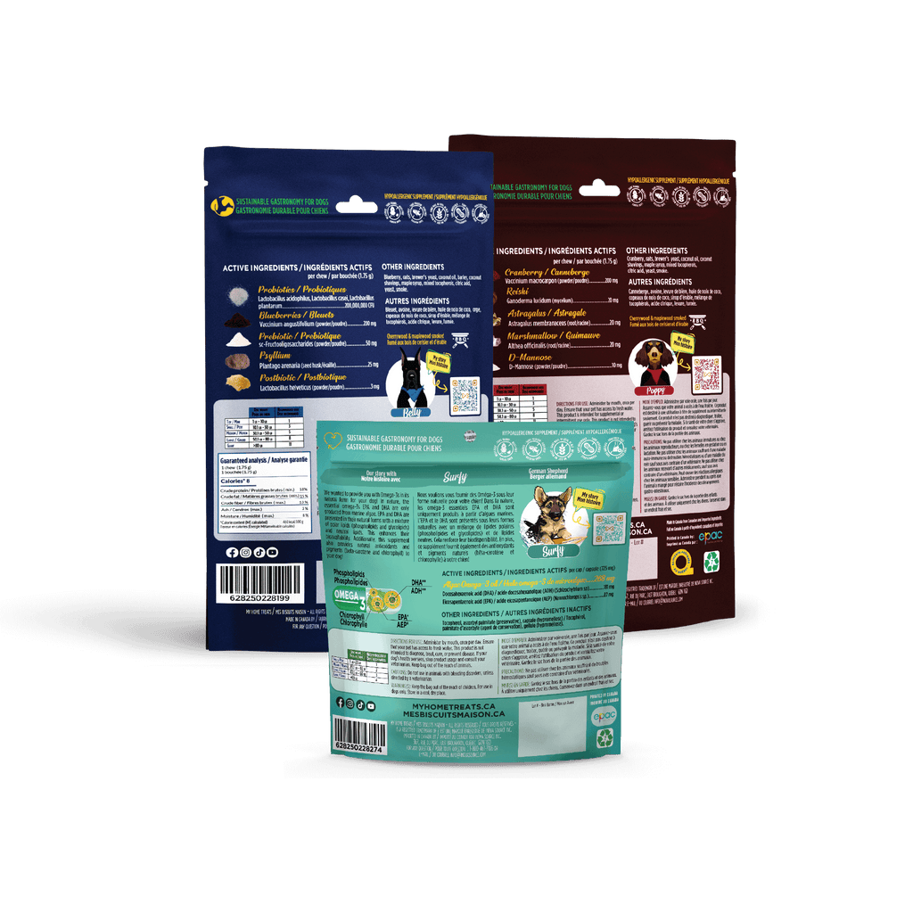 Back view of antioxidant-rich dog supplements with Omega-3, promoting plant-based hypoallergenic dog treats & supplements for overall health.