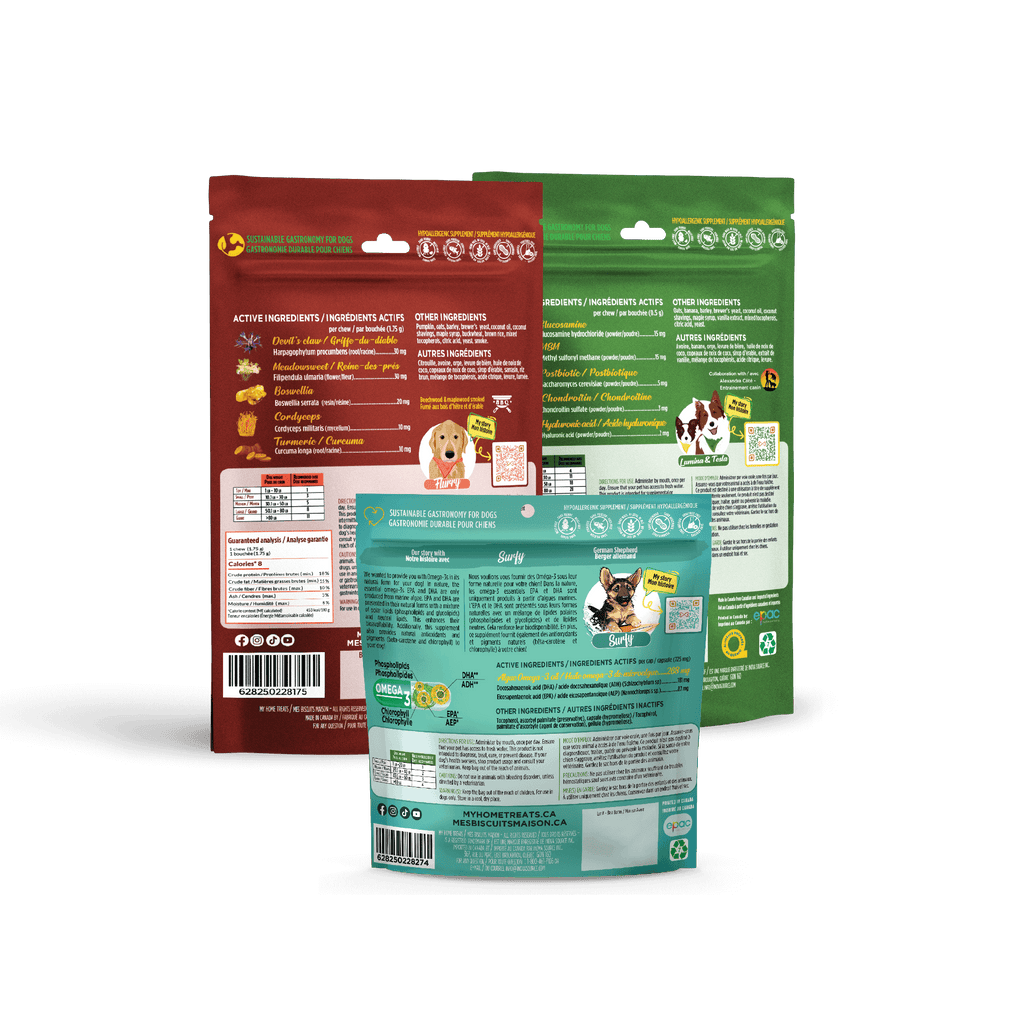 Back view of the packaging of a dog supplements bundle for  hips and joint care, part of the hypoallergenic dog supplements collection from myhometreats.ca.