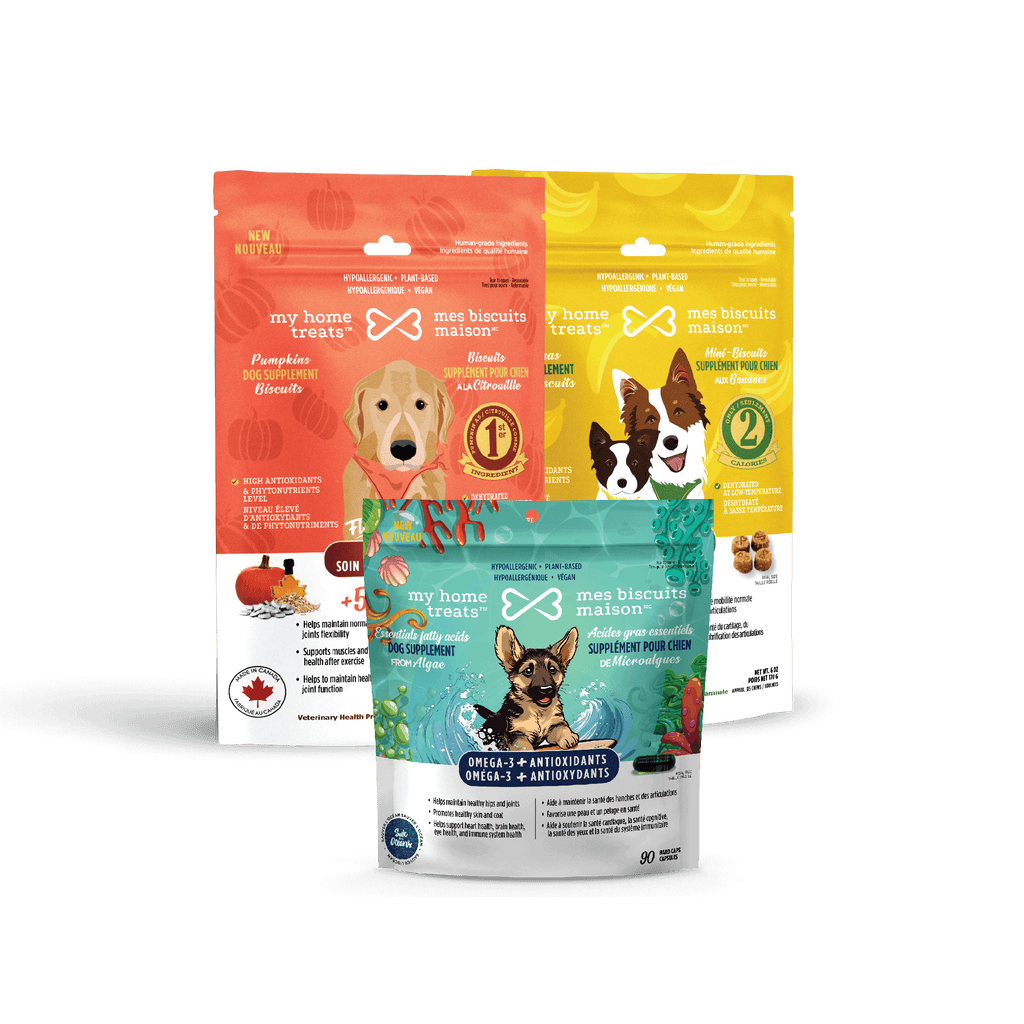 Front view of the packaging of a dog supplements bundle for  hips and joint care, part of the hypoallergenic dog supplements collection from myhometreats.ca.