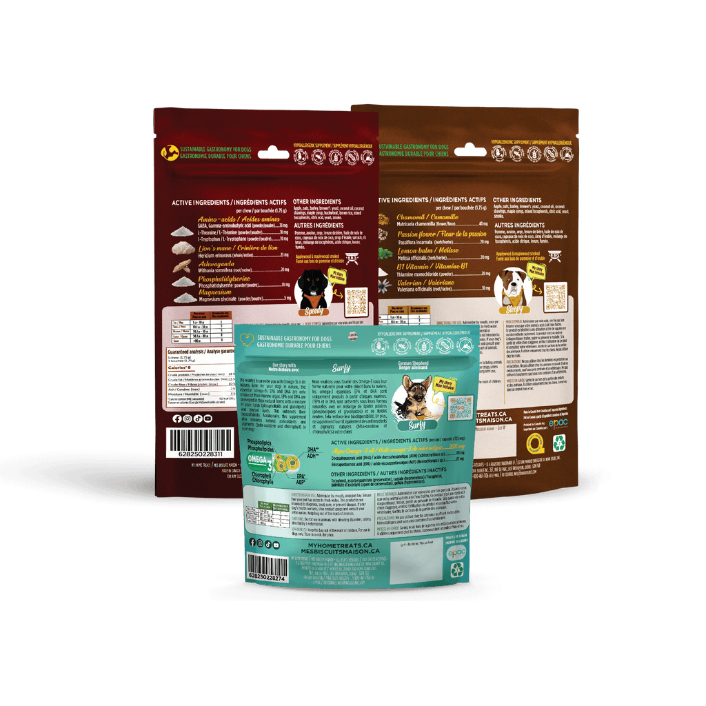 Back view of cognitive health dog supplements packaging, emphasizing focus and serenity benefits with hypoallergenic dog treats & supplements.