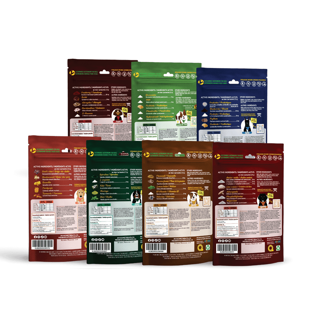 Image displaying the back of pouches of a variety of colorful hypoallergenic dog supplements, designed for optimal pet health and nutrition.