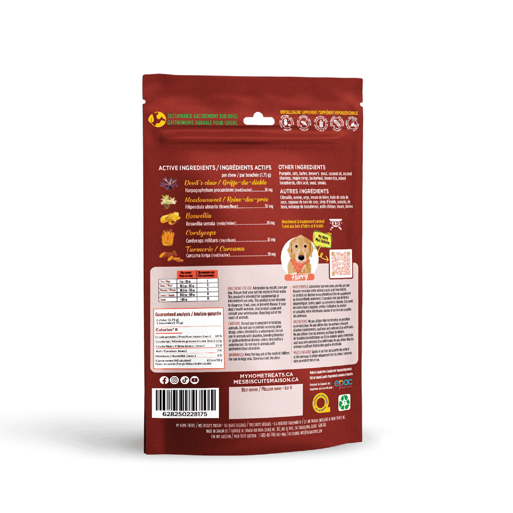 Back view of the joint care supplement packaging for mesbiscuitsmaison.ca, highlighting key ingredients and benefits for hypoallergenic dog treats & supplements.