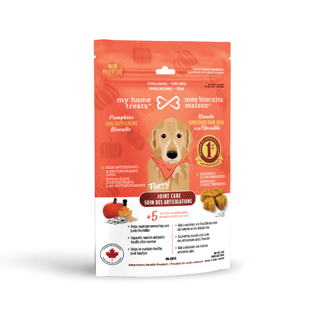 Front view of joint care dog supplement packaging from mesbiscuitsmaison.ca, promoting plant-based and hypoallergenic dog treats & supplements.