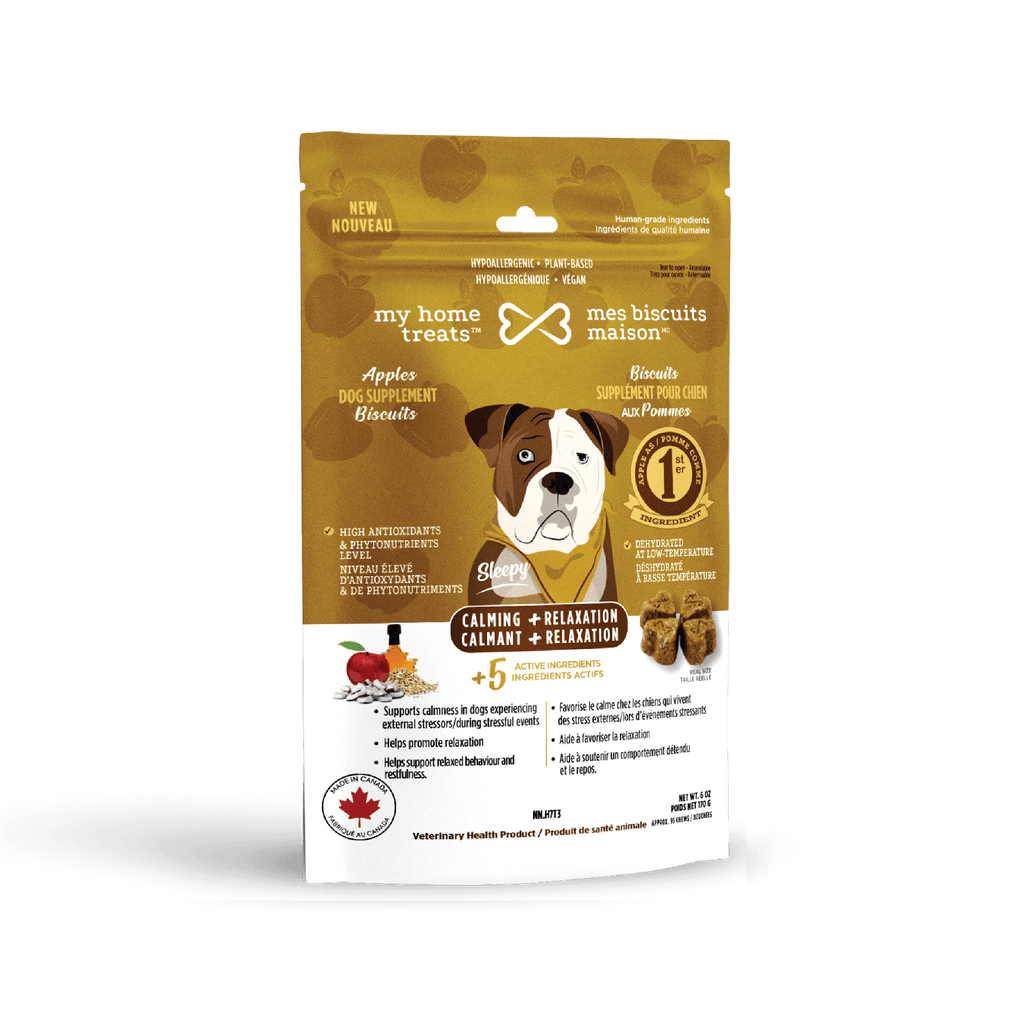 Front view of calming and relaxation dog supplement packaging with apple flavor, promoting hypoallergenic dog treats & supplements on mesbiscuitsmaison.ca.