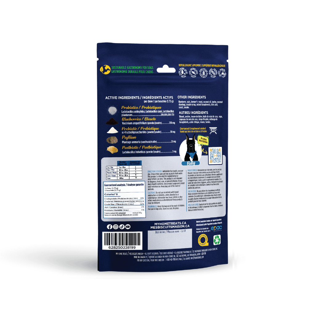 Back of digestion-focused hypoallergenic dog treats & supplements package, displaying detailed nutritional content, probiotics, and usage instructions.