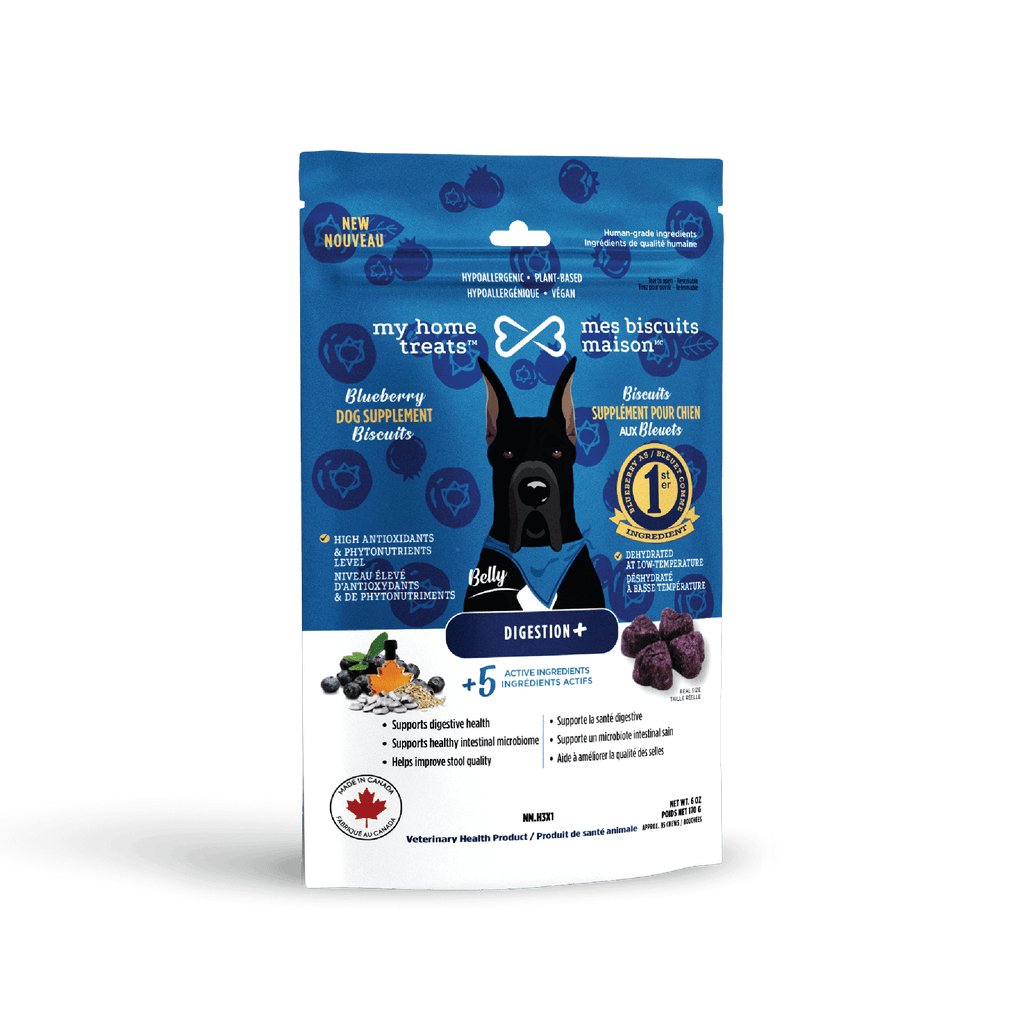 Blueberry-flavored digestion support dog supplement packaging, showcasing hypoallergenic dog treats & supplements on mesbiscuitsmaison.ca.