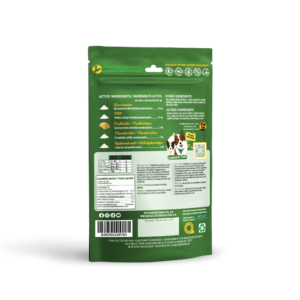 Back of mobility-focused hypoallergenic dog treats & supplements packaging with key active ingredients like glucosamine and MSM, ideal for joint care.