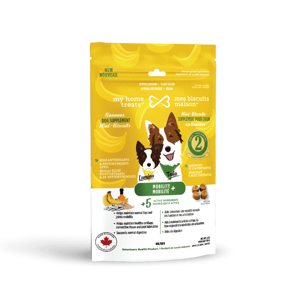 Front view of banana-flavored mobility support dog supplement packaging, part of the hypoallergenic dog treats & supplements range on mesbiscuitsmaison.ca.