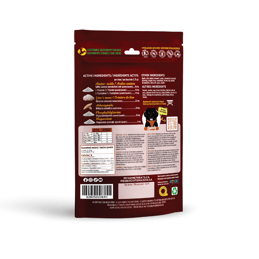 Back view of serenity and focus dog supplement packaging, showing detailed ingredients and benefits of hypoallergenic dog treats & supplements on mesbiscuitsmaison.ca.