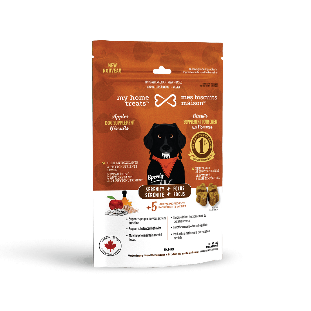 Front view of serenity-promoting hypoallergenic dog treats & supplements packaging featuring calming ingredients like L-theanine and apple flavor.