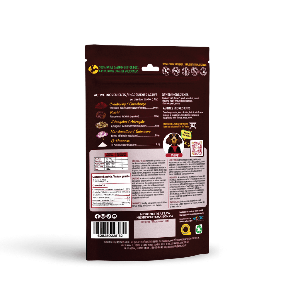 Back view of urinary care dog supplement packaging with cranberry flavor, showcasing sustainable hypoallergenic dog treats & supplements on mesbiscuitsmaison.ca.