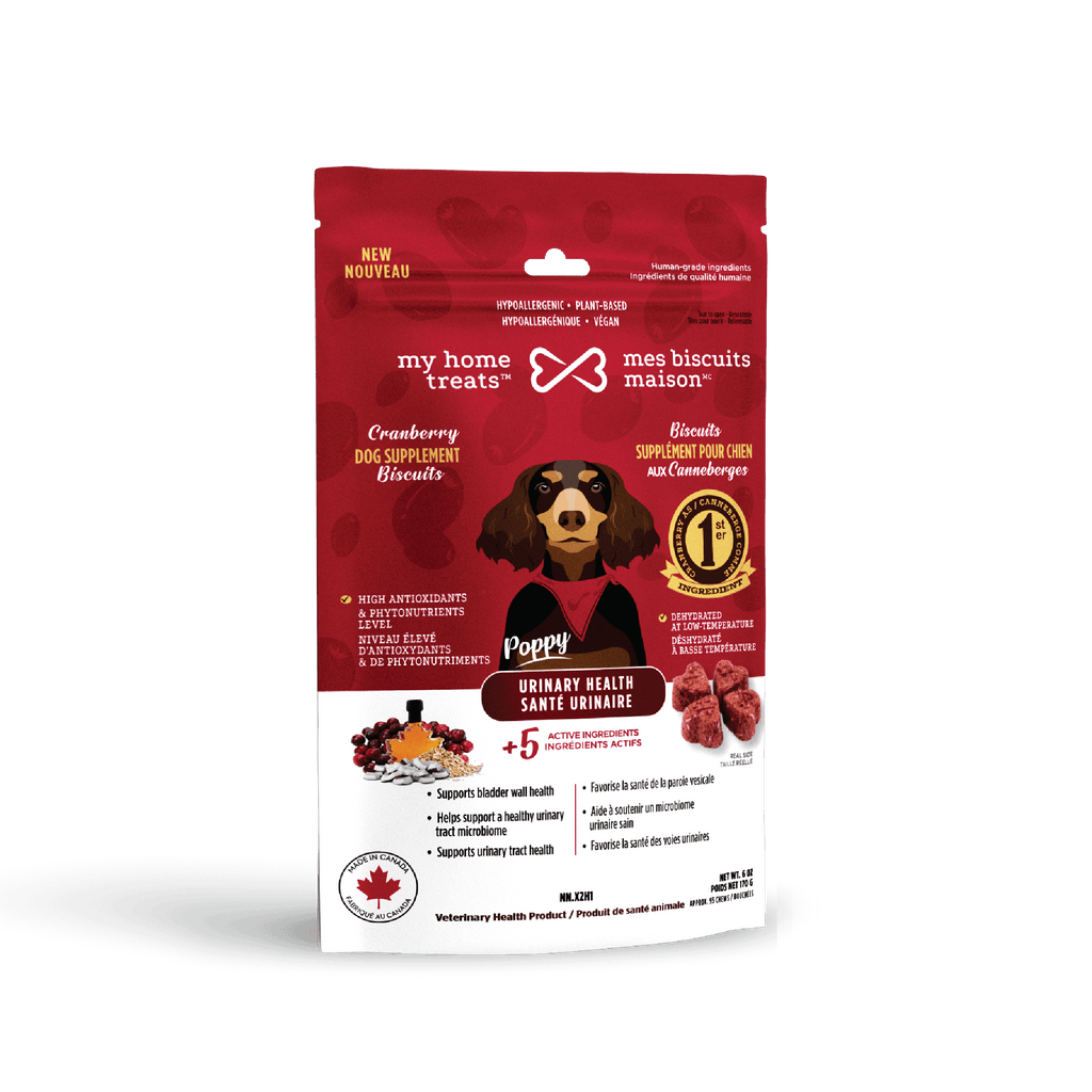 Front view of urinary health hypoallergenic dog treats & supplements packaging with cranberry flavor and key benefits for bladder care.