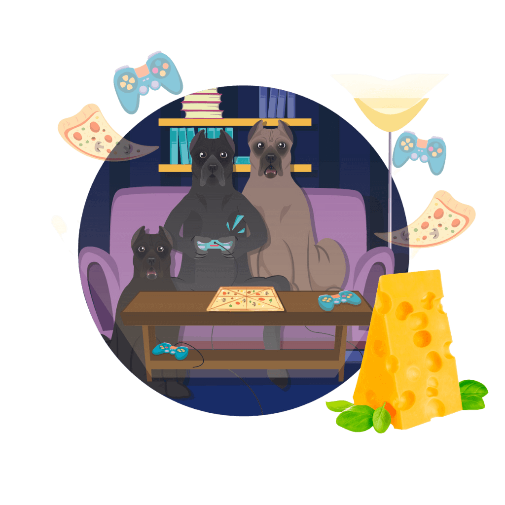 dessin de trois cane corso assis dans le salon et jouant aux jeux vidéos avec une pizza sur la table