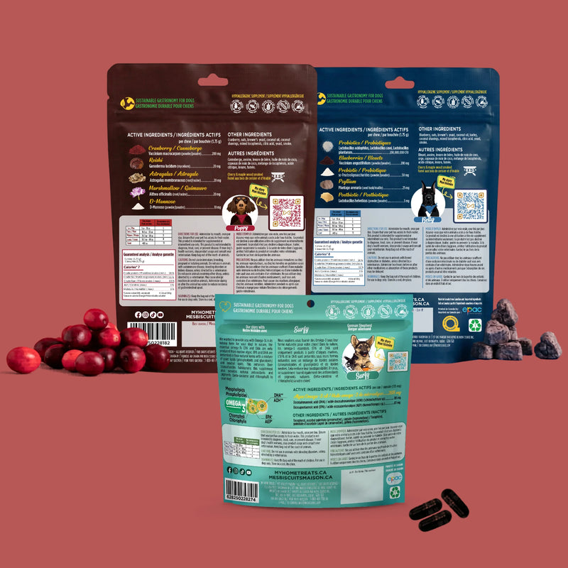 Trio suppléments antioxydants pour chien — Digestion+, Urinaire et Oméga-3 - Verso - Mes Biscuits Maison