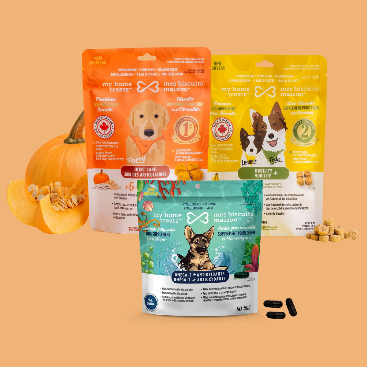 Trio suppléments articulations pour chien — Mobilité+, Articulations et Oméga-3, Mes Biscuits Maison
